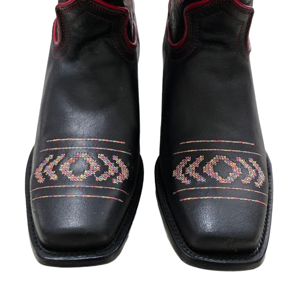 Black Star Black Leather Western Boots Red Trim Embroidered Design - Picture 5 of 11